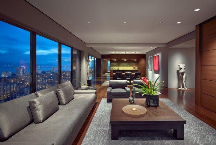 Luxurious modern apartment with skyline view over the city buildings