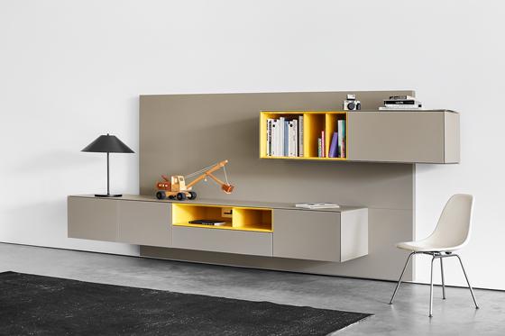 Mininalist shelves for living room with yellow accents