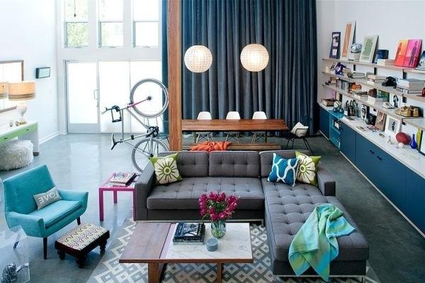 Modern interior with blue accents on the furniture