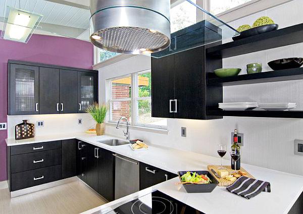 Modern kitchen design with Royal purple wall and black cabinets