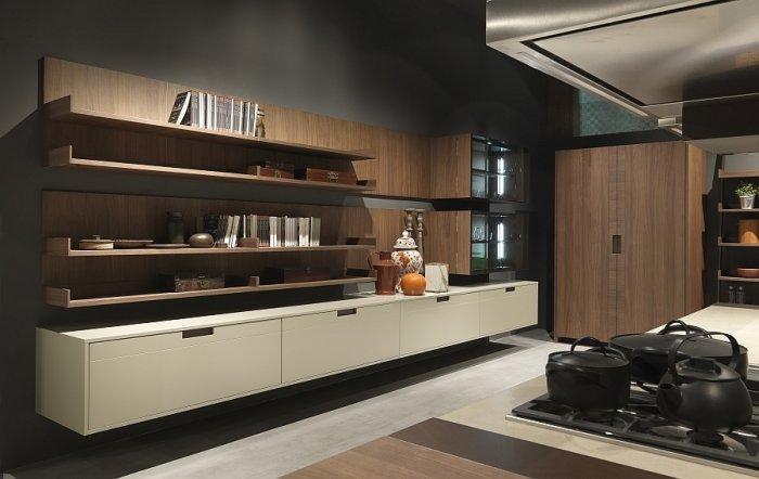 Modern kitchen with spacious area and bookshelves for cooking books