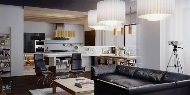 Modern living room with white walls and black leather sofas and chairs
