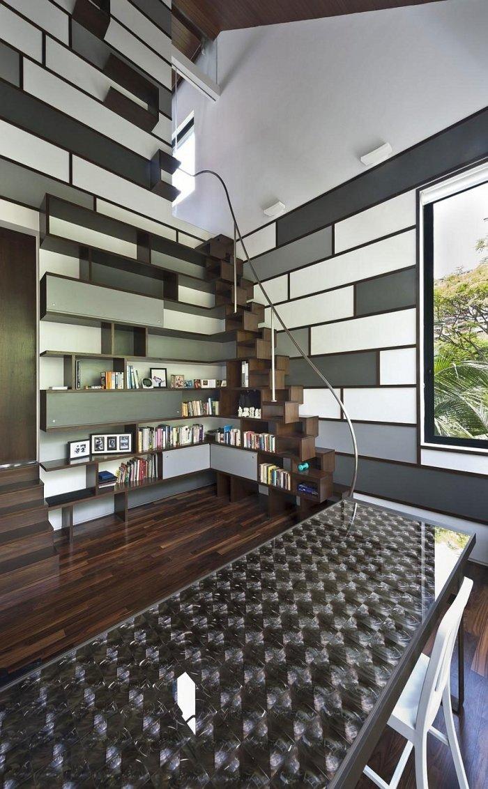 Modern room with creative graphic walls and shelves