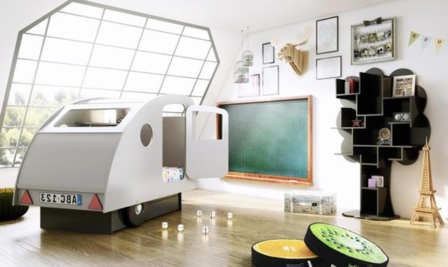 Tent caravana is one of the creative items in the interior of this modern kid's room