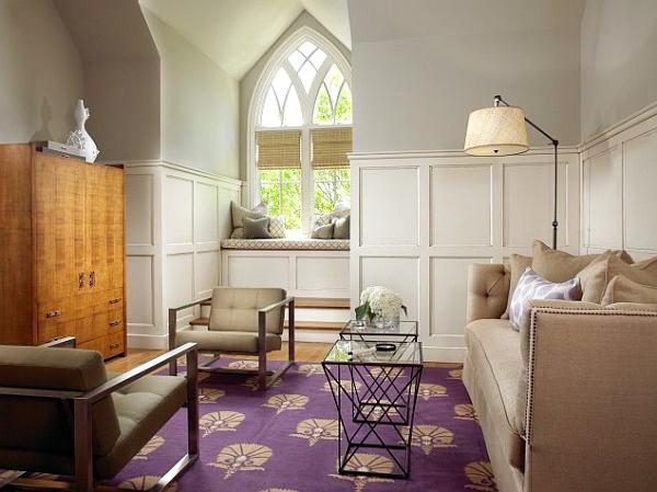 Traditional small living room with a window and purple rug with Royal pattern