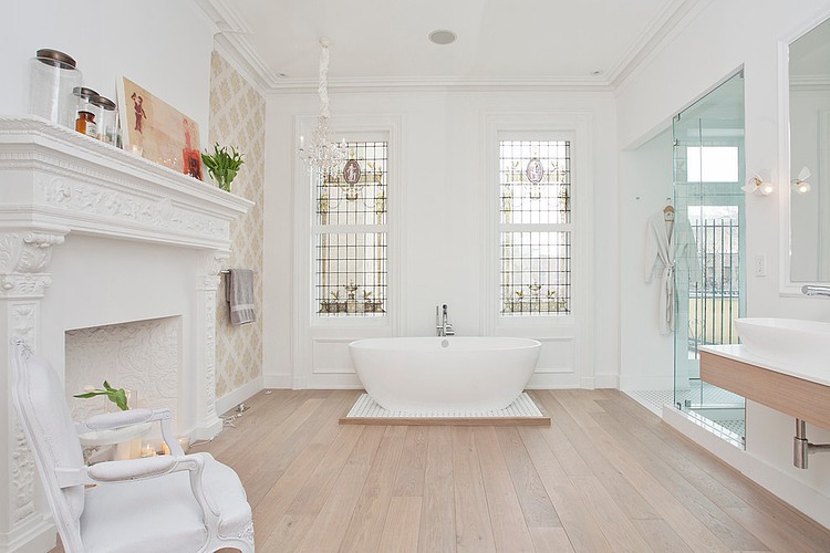 Eclectic bathroom in white with fireplace