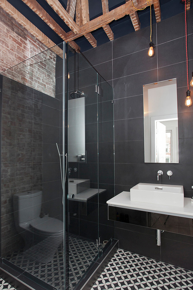 Eclectic bathroom with barn beams