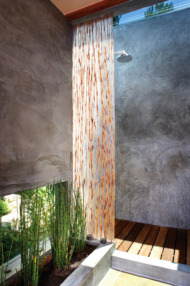 Japanese bathroom in asian style with natural plants