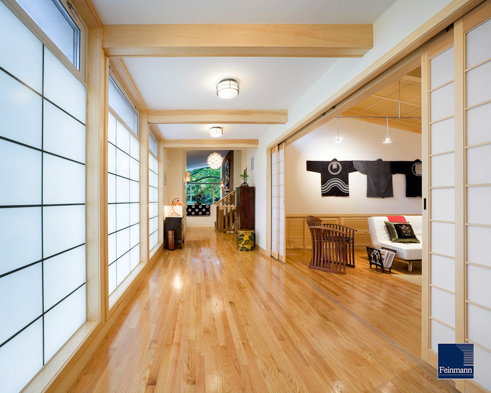 Japanese living room in natural colors with wooden floor