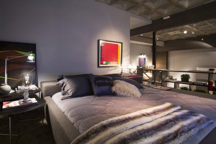 Modern loft bedroom in dark and pale colors with some artwork accents