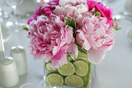 Pink flowers inside a glass vessel full of water and citruses