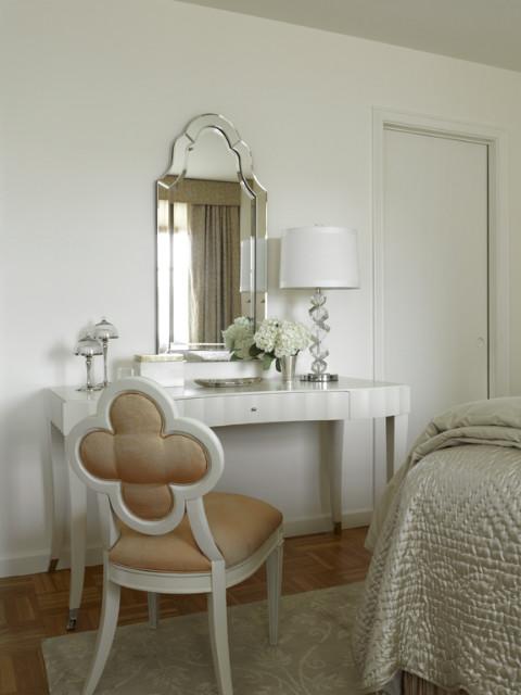 Shabby chic bedroom with sweet girly chair and white mirror dresser