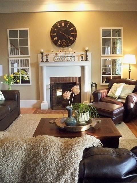 Brown American living room with huge clock above the fireplace