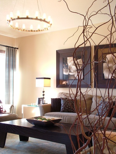 Brown table and decorations in a modern living room interior