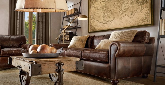 Brown traditional living room with leather sofas and wood table