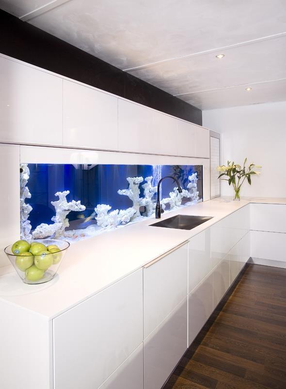 Built-in aquarium in a white modern kitchen