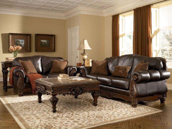 Classic brown living room with expensive leather sofas