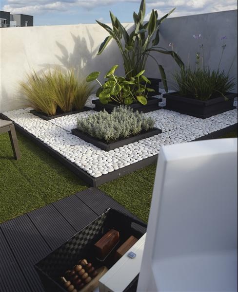 Clean and elegant garden with pebbles, trees and rye-grass