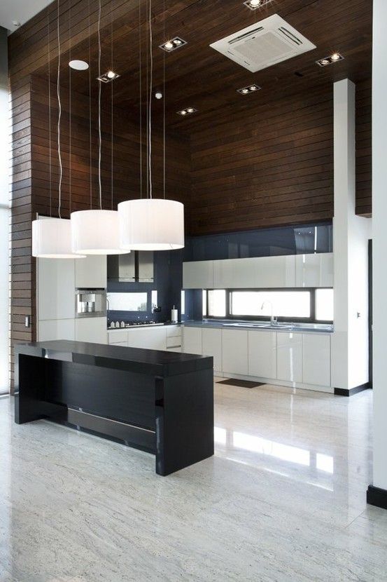 Contemporary kitchen design with high ceiling