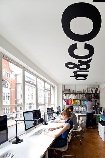 Contemporary working space with creative writing on the ceiling