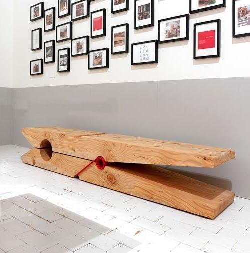 Creative wood bench looking like a clothes-peg