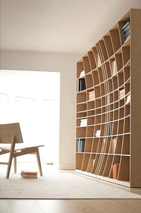 Creative wood bookshelves that form a home library