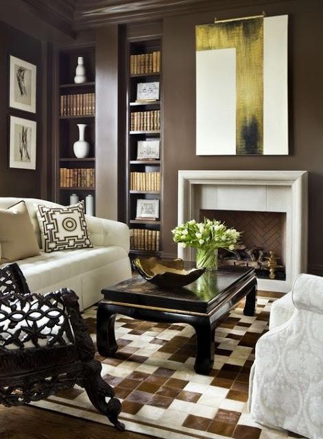 Dark brown walls in a modern traditional living room