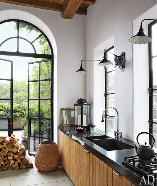 French kitchen with beautiful stylish pendants