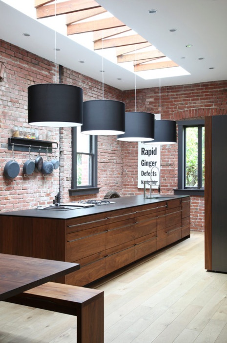 Loft kitchen design with modern black pendants