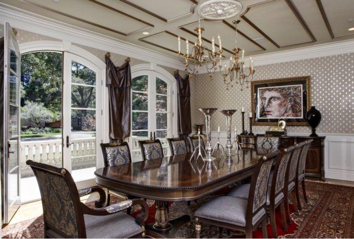 Luxurious Victorian dining room with silk curtains