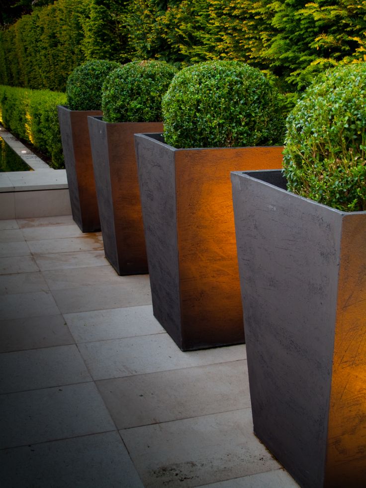 Minimalist flower pots in a modern garden