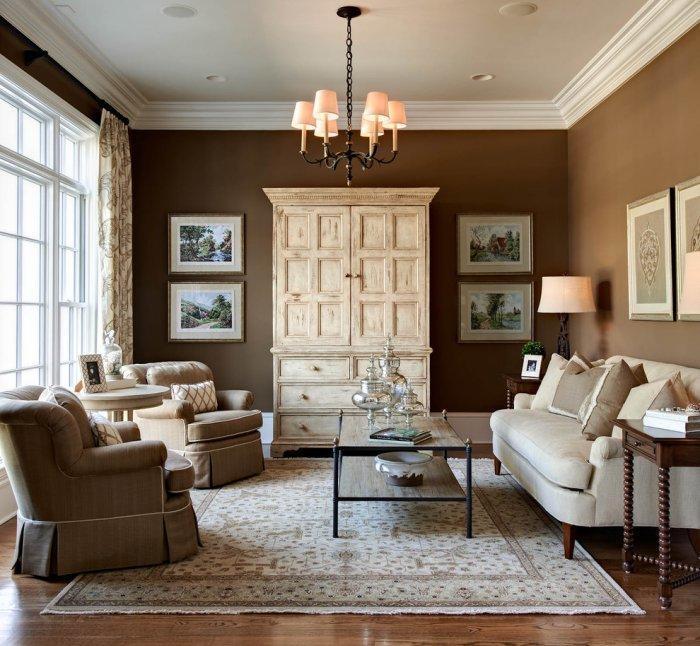 Pale brown interior of a traditional living room