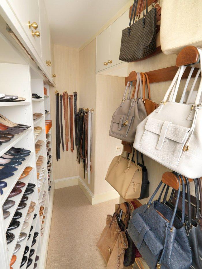 Purse hooks and bags inside a bedroom closet