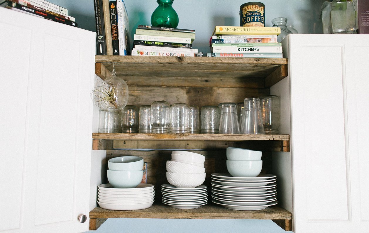 Reclaimed wood shelves used for kitchenware