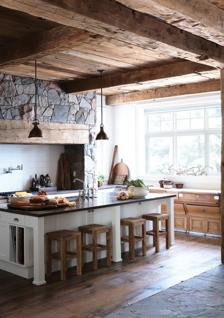 Rustic log cabin kitchen with interesting stone details