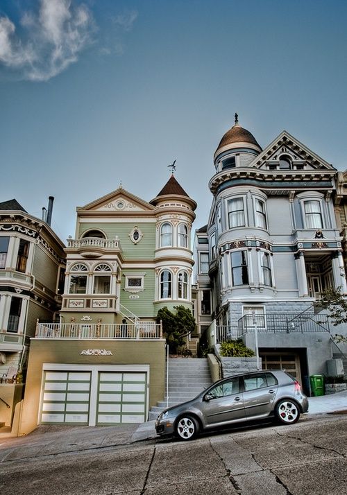 San Francisco Victorian houses in a row in a neighborhood