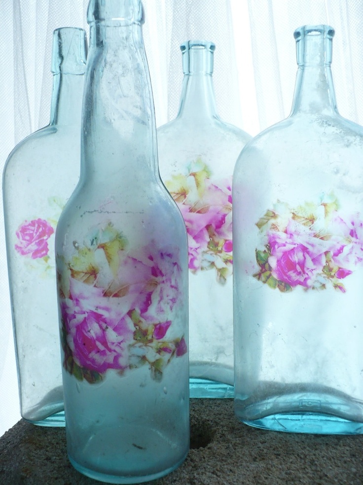 Shabby chic decoupage of glass bottles