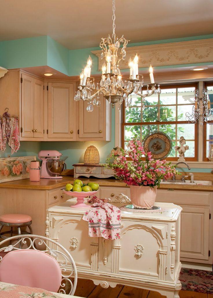 Shabby chic kitchen with crystal chandelier