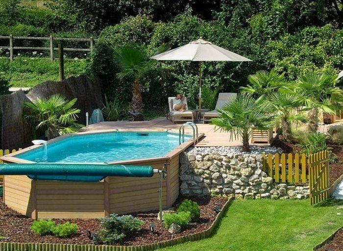 Small outdoor pool with wooden deck