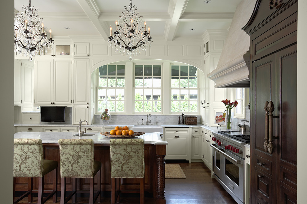 Traditional kitchen with barn ceiling in white