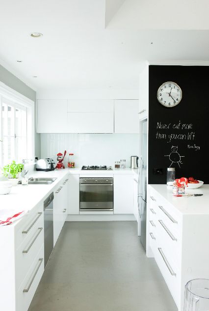 White Kitchen Design With Wall Painted With Chalkboard Paint