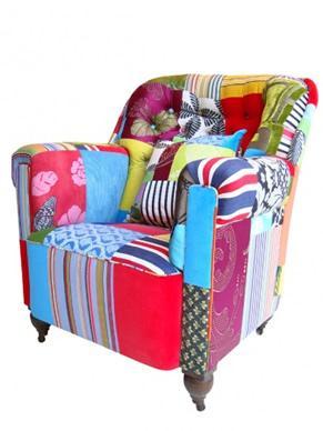 Colorful armchair with various patches on its upholstery