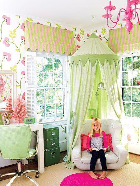 Colorful teen bedroom - with green, pink and white interior