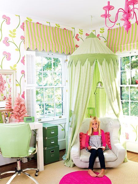 Colorful teen bedroom - with green, pink and white interior