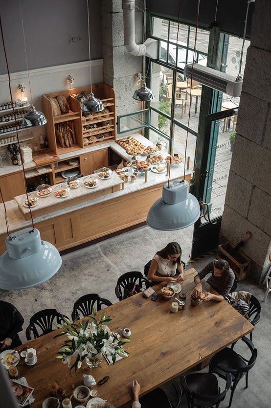 Contemporary cafe - with vintage pendants