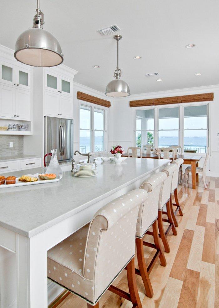 Contemporary cottage kitchen - in white color with huge island and bar stools