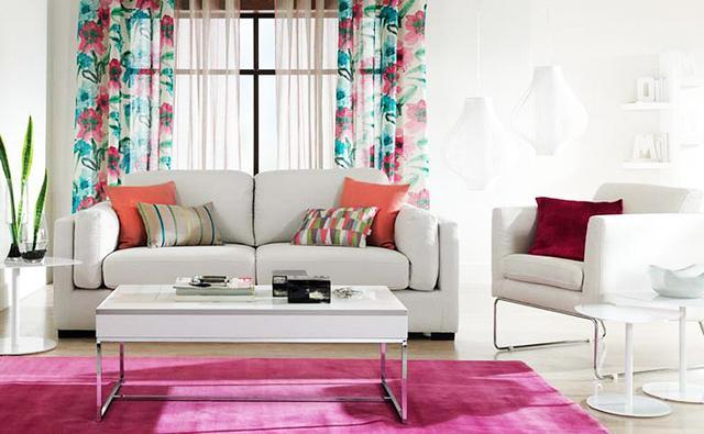Living room interior with colorful curtains and comfortable furniture