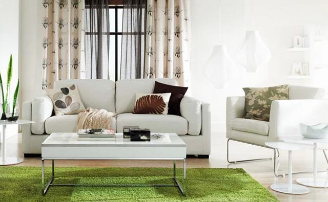 Living room interior with green rug and beautiful curtains