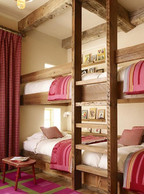 Rustic teen bedroom - with wood stair to the second bed
