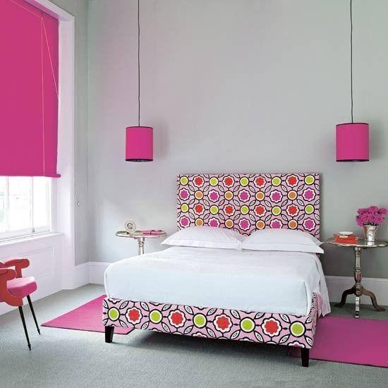 Stylish pink teen bedroom - with coloful bed and white sheets